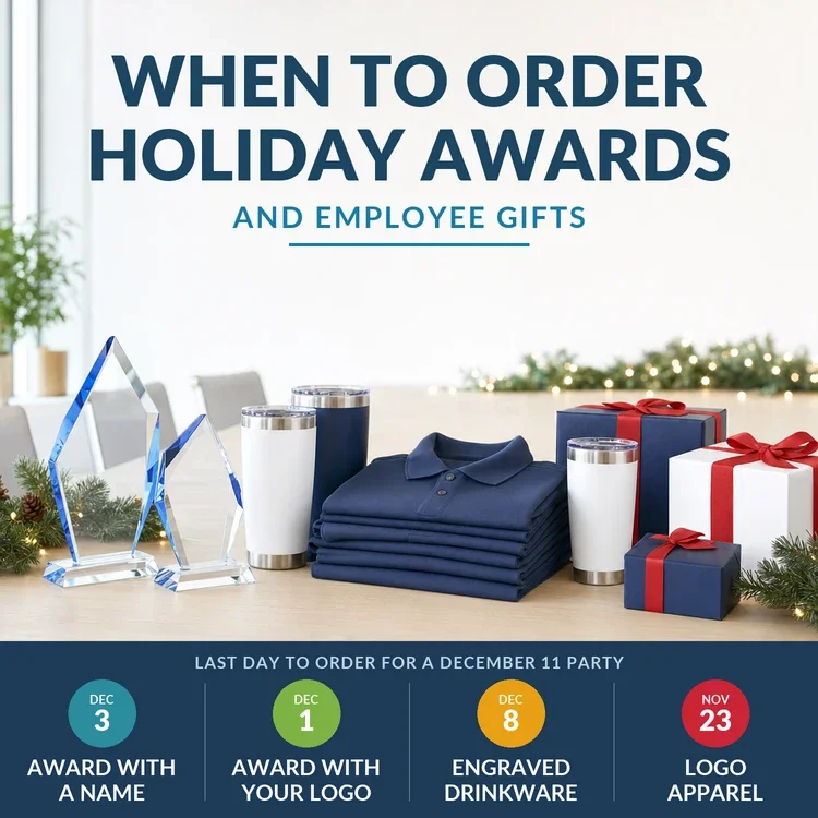 When to order holiday awards and employee gifts: last day to order for a December 11 party is December 3 for an award with a name, December 1 for an award with your logo, December 8 for engraved drinkware and November 23 for logo apparel