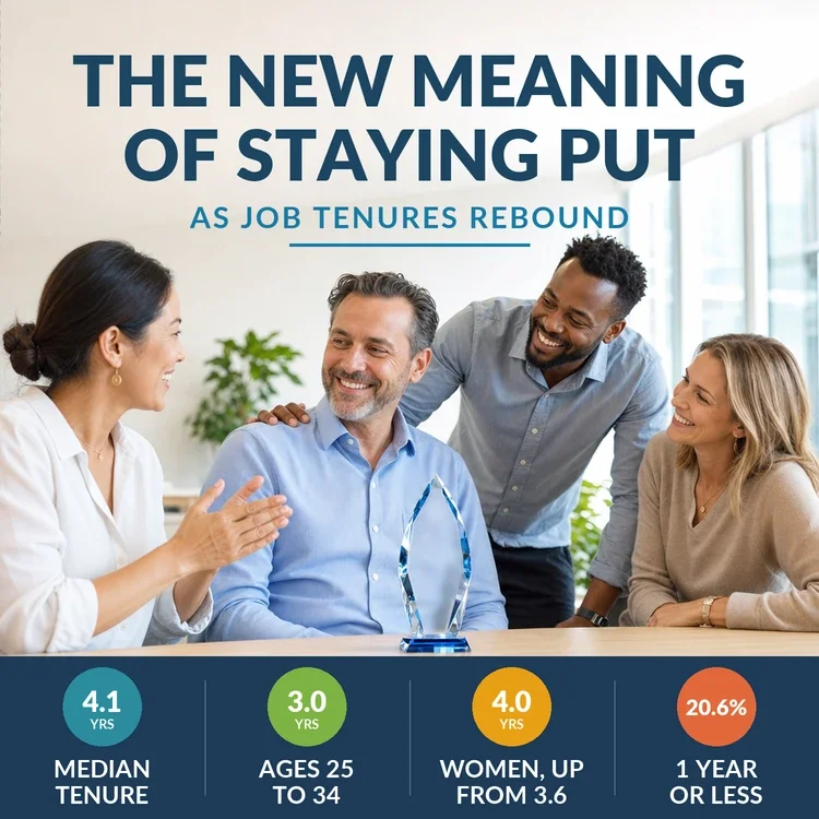 The new meaning of staying put as job tenures rebound: 4.1 years median tenure, 3.0 years for ages 25 to 34, women up from 3.6 to 4.0 years, 20.6% at their employer 1 year or less